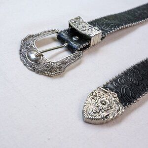 y2k floral embossed western black belt — boho gothic style
